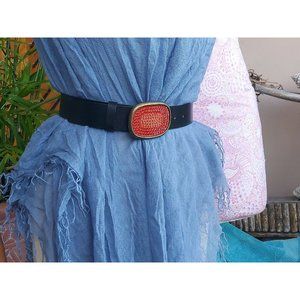 Wide Genuine Leather Black Belt Sz 30 Brass Buckle with Red Crystals USA vtg